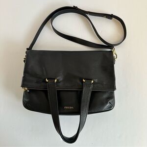 Fossil Memoir Anthology‎ Fold Over Tote Crossbody Bag Purse Black Leather